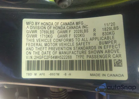 2021 Honda Civic Lx from USA, damaged, VIN 2HGFC2F64MH522268